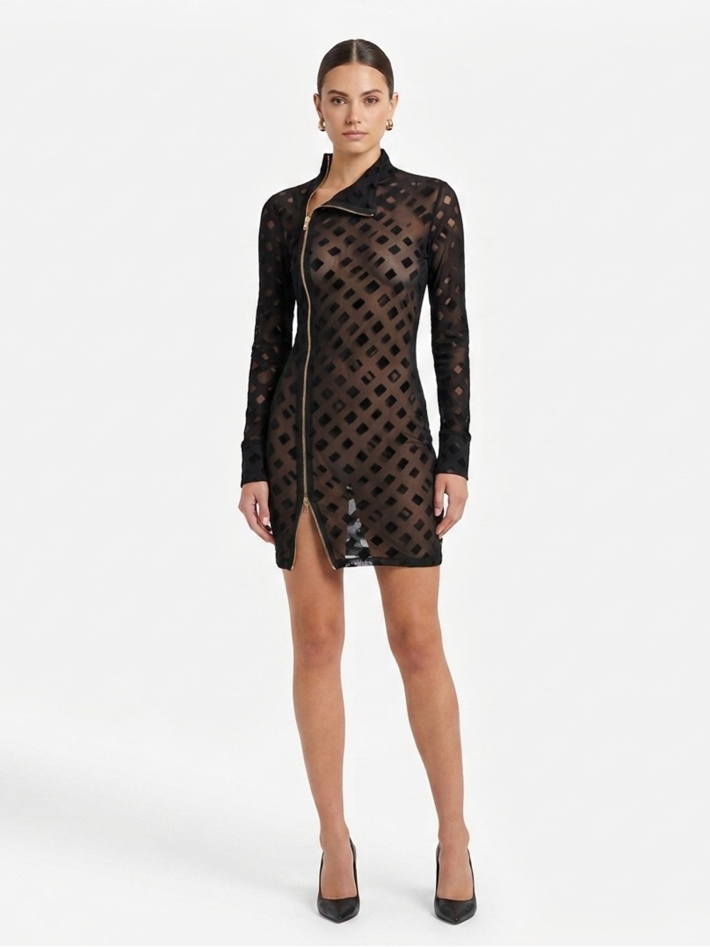 SHEIN Black Sheer Geometric Zip-Front Long Sleeve Mini Dress
